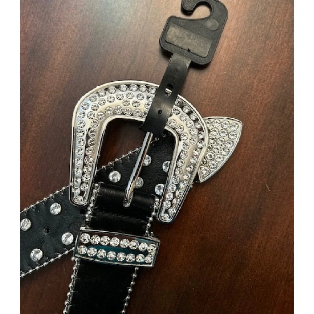 Womens Western Rhinestone Belt Black Silver Studded Bling Cowgirl  Medium‎ New
